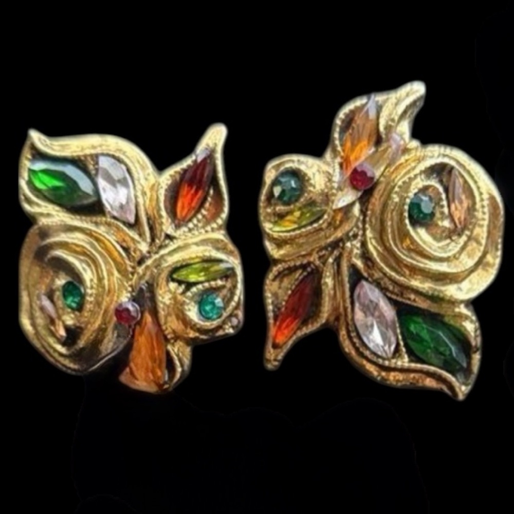 Kalinger Vintage Multicolor Rhinestone Floral Earrings